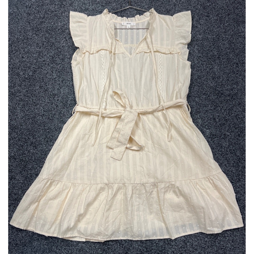 Mine Dress Womens L Cream Swiss Dot Ruffle Sleeve Mini TB6667 Boho Casual